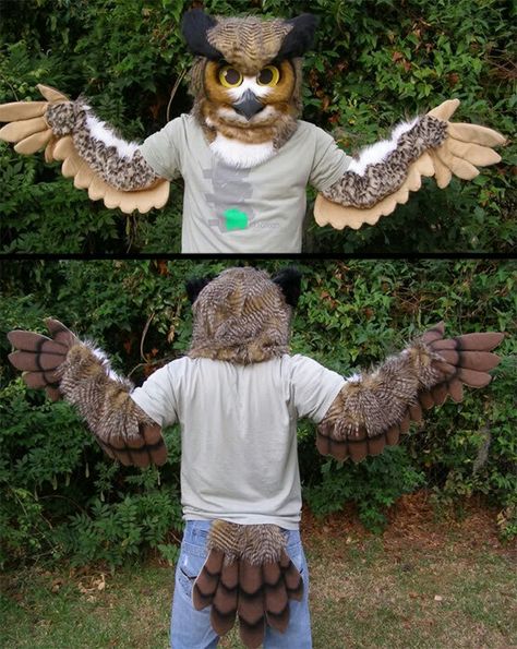 Owl head costume Owl Fursuit, Bird Fursuit, Owl Costume Diy, Animal Costumes Diy, Halloween Costumes Kids Homemade, Handmade Halloween Costumes, Owl Wings, Owl Mask, Owl Costume