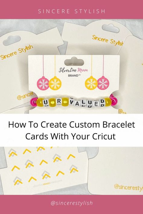 Pink and yellow bracelet cards with peg hole on top of white paper Diy Bracelet Cards Packaging, Diy Bracelet Display Cards, Printable Bracelet Template, Bracelet Card Template Free Printable, Bracelet Cards Packaging, Bracelet Card Template, Cricut Bracelet, Diy Bracelet Holder, Bracelet Cards