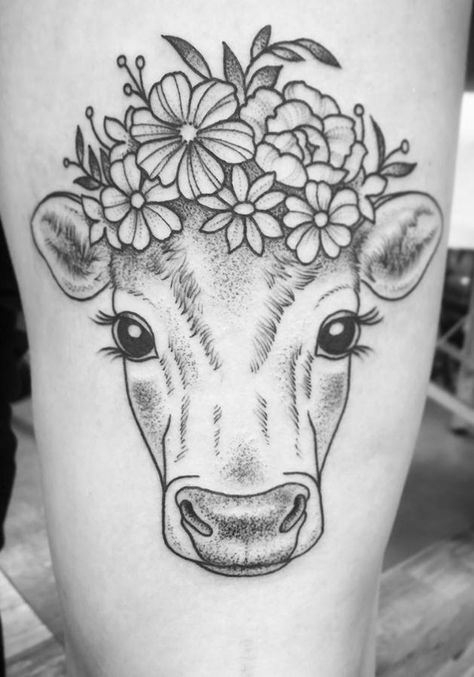 A women's lifestyle destination dedicated to style, entertainment, love, and living beautifully. Cow Tattoos For Women, Cow Tattoo With Flowers, Cow Things, Animal Tattoo Designs, Tattoo With Flowers, Flowers Tattoos, Cow Tattoo, Bright Tattoos, Animal Tattoo Ideas