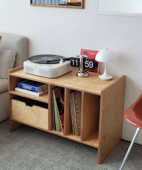 Plywood Record Storage, Condo Storage, Mid Century Night Stand, Night Stand Modern, Plywood Side Table, Plywood Shelf, Cool Things To Build, Record Cabinet, Side End Table