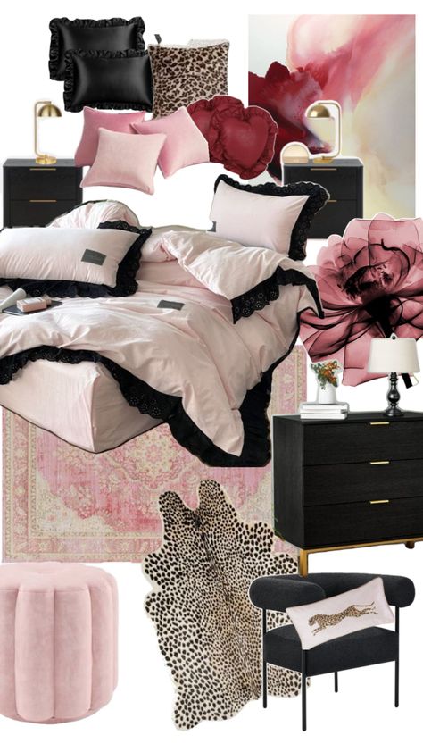 Pink, black, cheetah print home decor. Bedroom decor. Black And Pink Room Ideas, Black And Pink Room, Pink Room Ideas, House Room Design, Deco House, Dream Apartment Decor, Future Apartment Decor, Room Redesign, Redecorate Bedroom