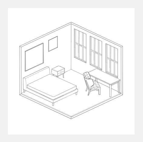 Isometric Room Drawing Sketch, Isometric Drawing Room, Isometric Sketch Architecture, Isometric Drawing House, Simple Isometric Drawing Exercises, Isometric Room Drawing, Isometric Drawings, Isometric Rooms, Isometric Sketch