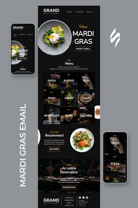 Mardi Gras Email Template "Grand restaurant" for Restaurants industry. Create professional, responsive emails fast with no coding skills. Follow us on Pinterest for more inspiration and tips. 🤗 #mardigras #stripoemail #emailnewsletter #emailtemplate #emaildesign #emailmarketing Restaurant Email Design, Cocktail Bar Social Media, Bar Social Media, Coding Skills, Mail Template, Elegant Food, Email Marketing Design Inspiration, Infographic Design Layout, Email Template Design