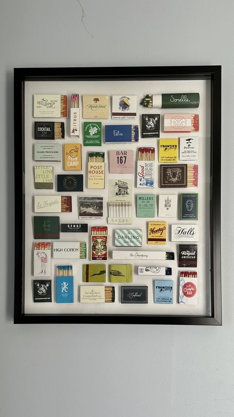 #charleston #chs #matchbook #matchboxes #matchboxart #charlestonmatchbooks #matchbookcollection #matchboxes Charleston Matchbooks, How To Display Matchbooks, Matchbook Shadow Box Art, Match Box Frame, Personalized Shadow Box Ideas, Matchbook Collection Display, Matchbook Decor, Matchbox Collection Display, Matchbox Wall Art