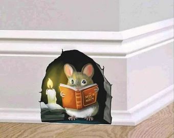 Mouse Hole In Wall Decals, Whimsical House Interior Bedroom, Reading Nook Wall Decor, Mouse Door In Wall, Mouse House In Wall, Mouse Reading A Book, Whimsical Decor Home, Steps Indoor, Mouse Door