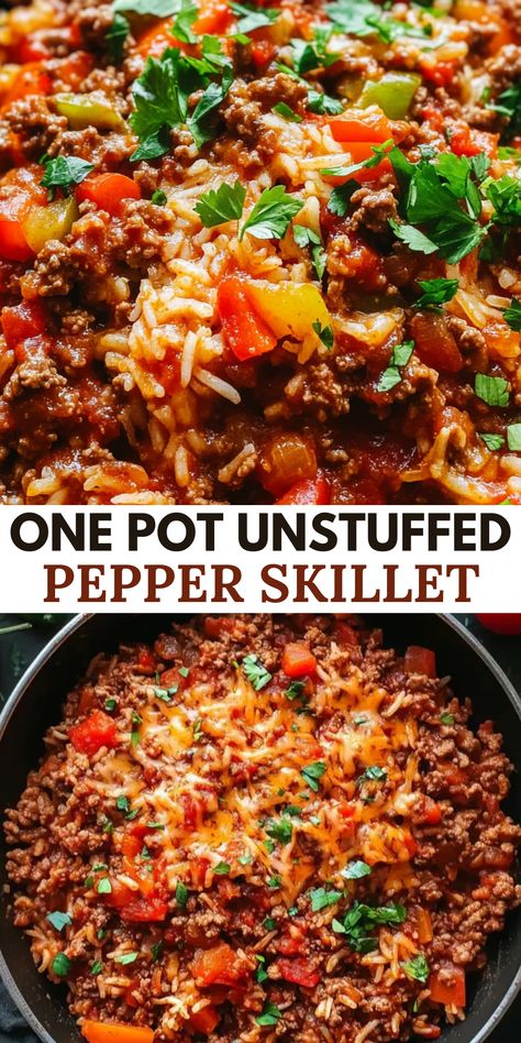 This One Pot Unstuffed Pepper Skillet is a simplified, one-pan version of classic stuffed peppers. Combining ground beef, rice, bell peppers, and a flavorful tomato base, it’s a quick and hearty meal perfect for busy weeknights.

With minimal prep, easy cleanup, and customizable options, it’s a family-friendly dish that everyone will enjoy. Pepper Skillet, Unstuffed Peppers, Beef Rice, Hearty Meal, Hearty Meals, Bell Peppers, One Pot, Skillet, Easy Dinner Recipes