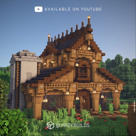 Minecraft Medieval Trading Hall, Minecraft Medieval Train Station, Saloon Minecraft, Chest House Minecraft, Medieval Barn Minecraft, Minecraft Medieval Barn, Medieval Town Minecraft, Minecraft Storage House, Minecraft Barn Ideas