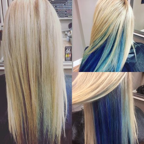 Blue highlights Peek a boo highlights blue hair mermaid hair blonde hair with blue highlights Blue Peekaboo Hair Blonde, Blond With Blue Highlights, Blonde Hair Blue Tips, Blue Peekaboo Highlights, Blonde Hair With Blue Highlights, Pink Peekaboo Hair, Blue Hair Highlights, Navy Blue Hair, Peekaboo Hair Colors