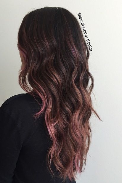 Love the pink ends #balayage Balayage Hair Rose, Rose Gold Hair Brunette, Pink Hair Highlights, Pink Balayage, Violet Hair, Pink Highlights, Rose Gold Hair, Hair Color And Cut, Hair Color Balayage