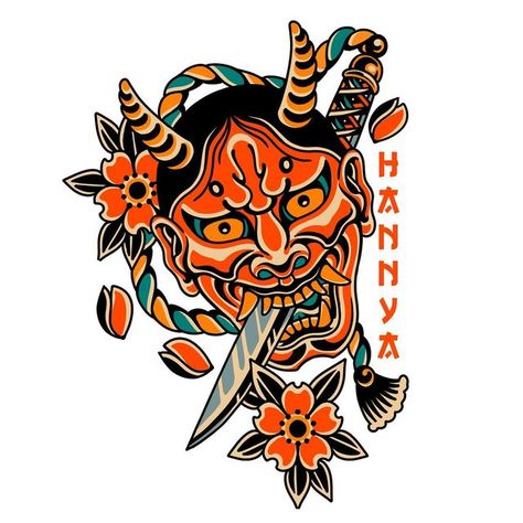 Mexican Old School Tattoo, Japanese Tattoo Art Oni, Hanya Mask Tattoo Traditional, Japanese Old School Tattoo, Traditional Hannya Mask Tattoo, Old School Japanese Tattoo, Japanese Flash, Blackwork Tattoo Design, Hanya Mask Tattoo