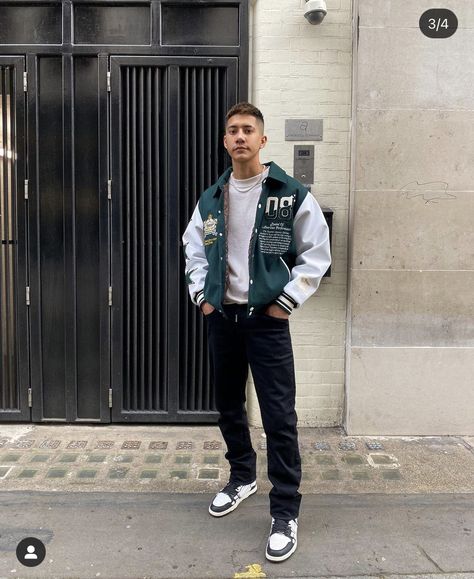 Varsity Jacket Outfit Mens, Men Street Outfit, Baseball Jacket Outfit, Green Varsity Jacket, Fashion Aesthetic Outfits, Varsity Jacket Outfit, Vintage Varsity Jacket, Spiritual Fashion, Trendy Boy Outfits