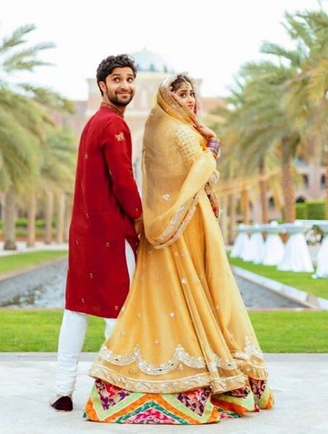 Sajal Ali and Ahad Raza Mir have shared their mehndi pics after their Nikkah and Wedding Pics. Fans were eagerly waiting for the mehndi look of Sajal and finally, she has shared the photos. Sajal Ali Wedding, Ahad Raza Mir, Sajal Ahad, Sajal Aly, Nikah Dress, Walima Dress, Sajal Ali, Bridal Dresses Pakistan, Pakistani Wedding Outfits