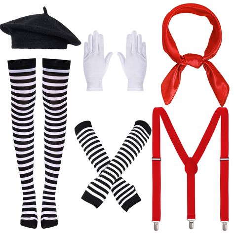 PRICES MAY VARY. COMPLETE MIME COSTUME SET: Our 6Pack mime artist costume accessories for women and girls includes a black beret, a pair of white mime gloves, a red suspender, a red scarf, long socks and a pair of striped gloves, offering you a complete mime artist look for Halloween or any other costume party. HIGH QUALITY MATERIAL: This mime costume accessories are made of quality cotton and polyester, they are comfortable to wear. The socks, gloves, and suspender are elastic, allowing for a p Circus Women Costume, Halloween Costumes Mime, Cute Mime Costume, Mime Outfit Aesthetic, Mimes Costume, Mime Costume Diy Women, Mime Outfit, Halloween Mime, Outfit With Beret