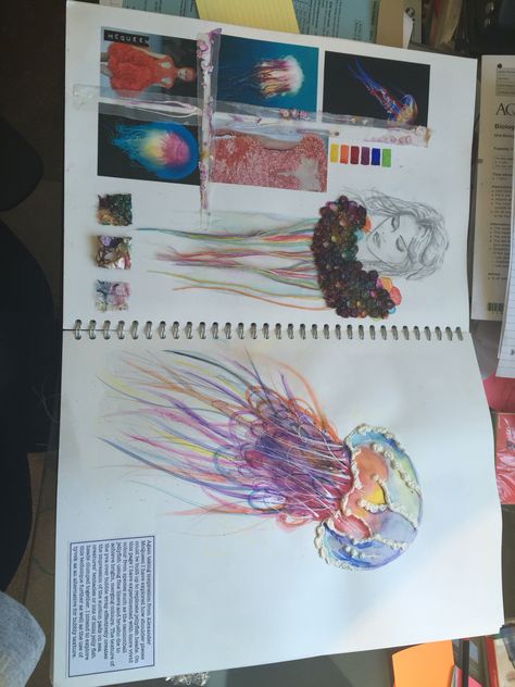 Sketch book page focusing on colour in jelly fish Textile Book Design, Creatures Textiles Gcse, Sketch Book Layouts, Fish Inspired Fashion, Fashion Sketch Book, Sketches Book, Portfolio Pages, Textiles Gcse, Gcse Textiles