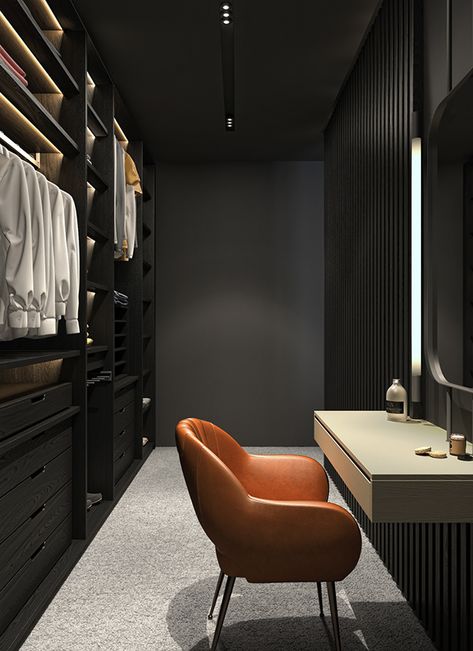 Black Walk In Wardrobe, Dressing Room Black, Dark Walk In Wardrobe, Dark Grey Closet, Dark Dressing Room Ideas, Dark Grey Wardrobe, Dark Dressing Room, Dark Grey Interior, Black Dressing Room