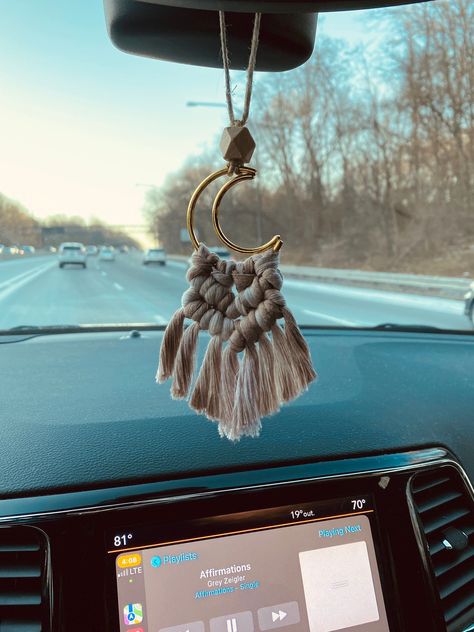 Car Charm,Macrame Moon Tassel, Boho Essential Oil Diffuser, Car Accessories, Macrame Accessories, Boho Gift Ideas, Valentines Day Gift Idea Rear View Mirror Macrame, Handmade Car Accessories, Macrame Things To Sell, Moon Car Accessories, Macrame Car Decor, Macrame Air Freshener, Macrame Car Accessories, Macrame Accessories Ideas, Macrame Essentials