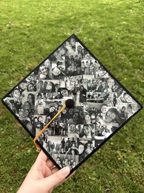 60+ BEST GRADUATION CAP DESIGNS YOU'LL OBSESS OVER! - Stylin by Sarita Grad Cap Ideas Pictures, Graduation Cap Designs Picture Collage, Picture Collage Graduation Cap, Graduate Hat Ideas, Blue Cap Ideas For Graduation, Photo Grad Cap, Cute Simple Graduation Caps, Graduation Cap Designs Pictures, Graduation Cap Designs Family