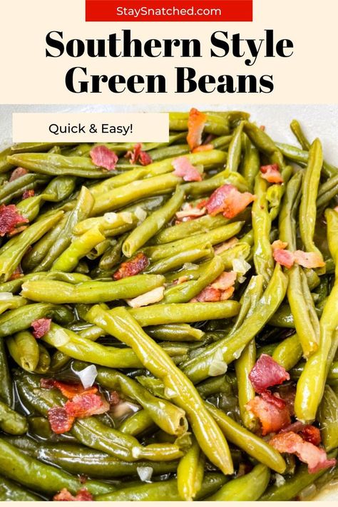 These Easy Southern Style Green Beans are a staple old-fashioned side dish recipe. This homestyle dish is made with string beans and bacon for the perfect country meal. Add this to any soul food… Slow Cooker Green Bean Recipes, Soul Food Green Beans, Thanksgiving Seasoning, Southern Style Green Beans, Crockpot Green Beans, Southern Green Beans, Slow Cooker Green Beans, Southern Greens, Green Beans With Bacon