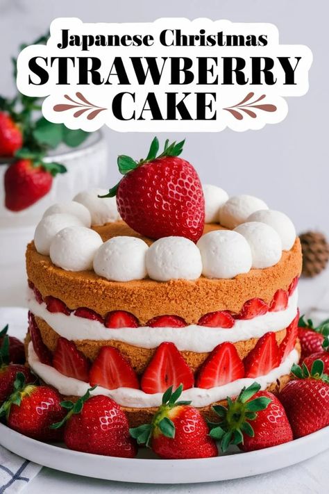 Festive Japanese Christmas strawberry cake topped with whipped cream and fresh strawberries. Asian Strawberry Cake, Swedish Strawberry Cake, Japanese Christmas Cake, Fluffy Sponge Cake, Christmas Cake Recipe, Christmas Strawberry, Strawberry Cake Recipe, Christmas Cheesecake, Japanese Christmas