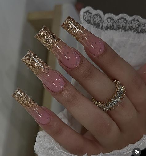 Gold Color Nails Ideas, Gold Dress Nails Ideas, Gold With Pink Nails, Gold Sparkly Nails Acrylic, Gold Glitter Tip Nails French, Champagne Nail Inspo Acrylic, Golden Prom Nails, Gold Nails Coffin Shape, Gold Engagement Nails