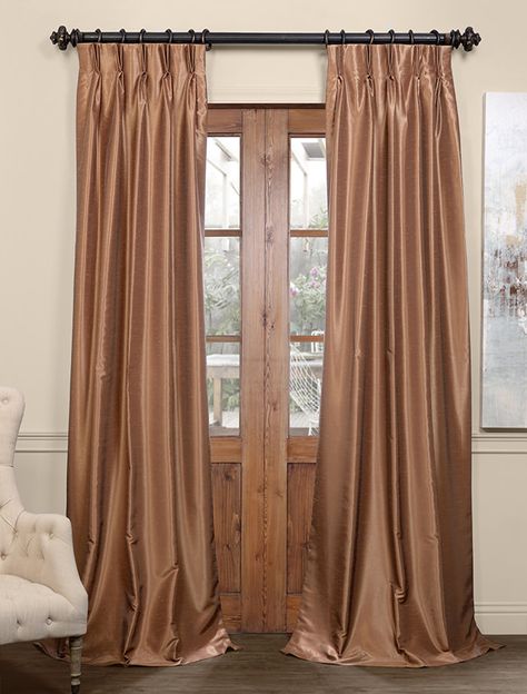 Flax Gold Blackout Vintage Textured Faux Dupioni Pleated Curtain Faux Silk Curtains, Silk Drapes, Half Price Drapes, Silk Curtains, Dupioni Silk, Custom Drapes, Pleated Curtains, Vintage Texture, Curtain Panels