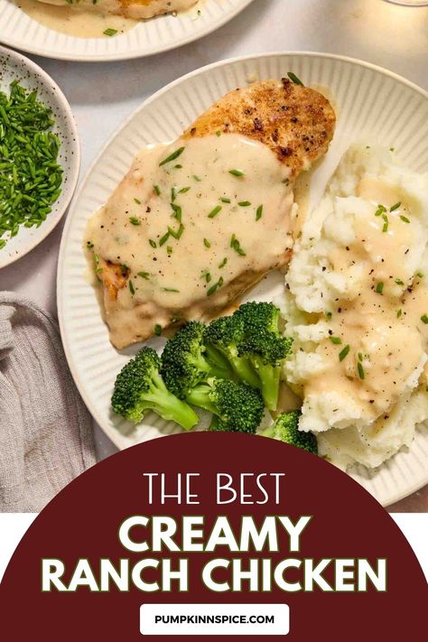 Creamy Ranch Chicken is a simple, one pan meal that's ready in just 30 minutes. This chicken breast dinner is coated in a creamy, zesty sauce that's an easy dinner recipe for the whole family! Creamy Ranch Chicken Recipe, Chicken Breast Dinner, Baked Caprese Chicken, Creamy Ranch Chicken, Easy Teriyaki Chicken, One Pan Meal, Creamy Ranch, Chicken Dishes Easy, Zesty Sauce