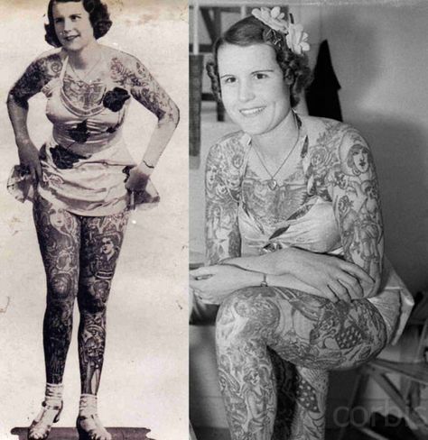 Vintage Photos Of Women With Tattoos | The Mary Sue Betty Broadbent, Circus Tattoos, Tattooed Woman, Arte Pin Up, Ringling Brothers, Vintage Foto's, Classic Icon, James Cook, Tattoed Women