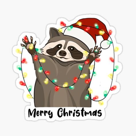 Racoon Illustration, Christmas Lights Tree, Quirky Christmas Gifts, Raccoon Sticker, Christmas Raccoon, Tree Sticker, Xmas Sticker, Funny Raccoon, Redbubble Stickers