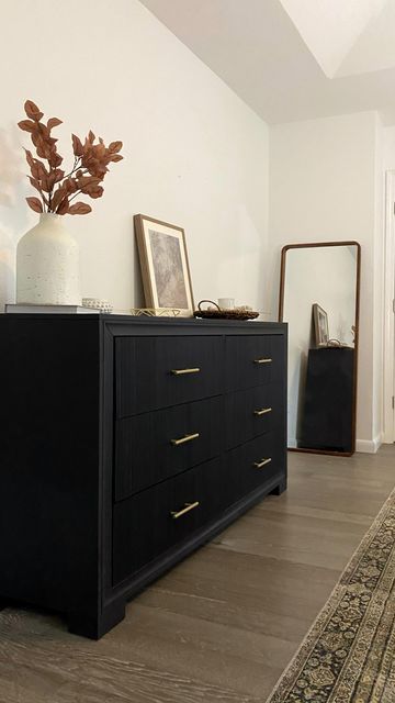 Black Moody Dresser, Black Dresser Wood Drawers, Modern Farmhouse Bedroom Black Dresser, Dark Nightstand Bedroom, Black Dressers Bedroom, Dark Dresser Bedroom, Diy Black Dresser, Black Dresser Bedroom Ideas, Bedroom Black Dresser