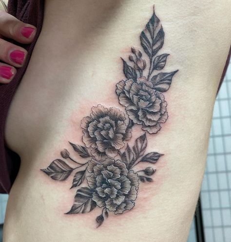 Marigold Black And White Tattoo, Marigold Rib Tattoo, Marigold Tattoo Design Black And White, Black And White Marigold Tattoo, Marigold Tattoo Black And White, Marigold Flower Tattoos, Marigold Sketch, Marigold Tattoos, Marigold Flower Tattoo