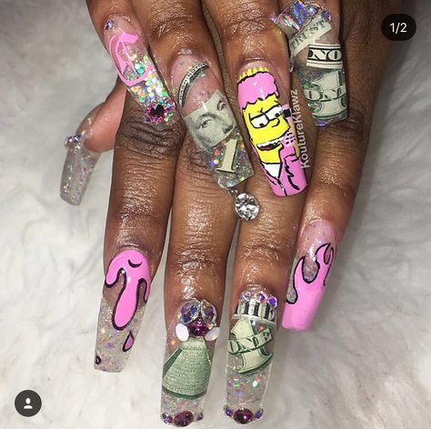 The simpsons, bart Simpson, nail art, glass nails, clear nails, coffin nails, money nails Clear Nails Coffin, Nails Money, Heavenly Nails, Really Long Nails, Nails Inspiration Pink, Nail Designs Bling, Nails Clear, Money Nails, Funky Nail Designs