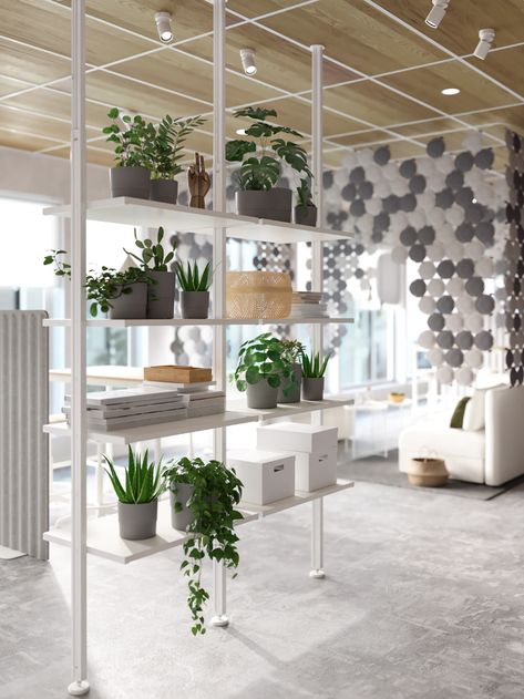 Ikea Office Space Ideas, Office Divider Ideas Open Spaces, Elvarli Ikea Ideas, Ikea Office Ideas Workspaces, Office Divider Ideas, Elvarli Ikea, Ikea Workspace, Office Room Divider, Office Divider