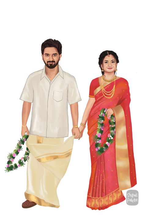 Kerala Couple Cartoon Type Photo, Telugu Wedding Couple Illustration, Caricature Couple Images, Wedding Couple Photos Cartoon, South Indian Wedding Caricature Couple, South Couple Images, South Indian Bride Illustration, South Indian Caricature, Indian Wedding Caricature Couple