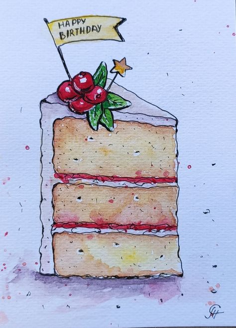 Watercolor Birthday Cakes, Cake Sketch, Watercolour Ideas, Cake Drawing, Creative Birthday Cards, Birthday Card Drawing, Homemade Card, Happy Birthday Wishes Cards, Hand Painted Card