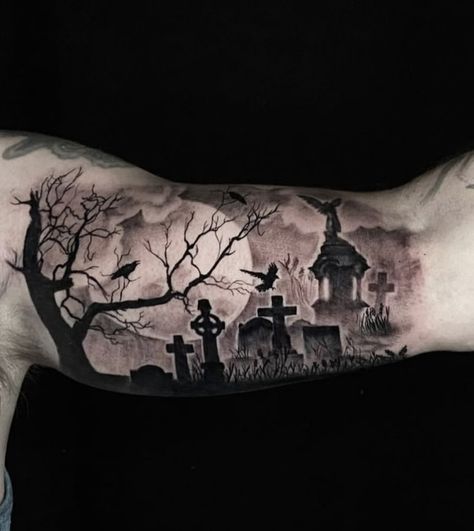 Graveyard Hand Tattoo, Grave Yard Tattoos, Spooky Tree Tattoo, Tomb Stone Tattoo, Graveyard Tattoo Design, Haunting Tattoo, Graveyard Tattoos, Knee Cap Tattoos, Underworld Tattoo