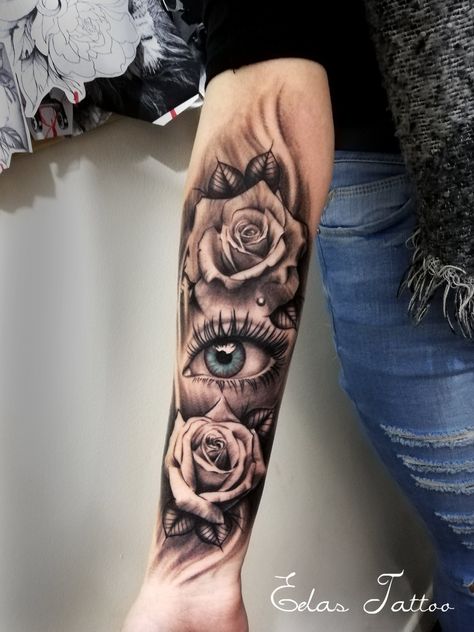 Roses and eye by Edas Tattoo All Seeing Eye Tattoo Women, Woman’s Eye Tattoo, Rose Eye Tattoo Design, Eye Flowers Tattoo, Eye Tattoo Ideas Women Sleeve, Eye With Tears Tattoo, Womens Eye Tattoo, Eye Reflection Tattoo, Flower And Eye Tattoo