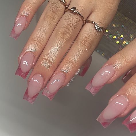 Marble Nails Pink, Pink Frenchies, Pink Marble Nails, Vegas Nails, Rose Nails, Pink Gem, Pink Acrylic, Pink Acrylics, Clear Nails