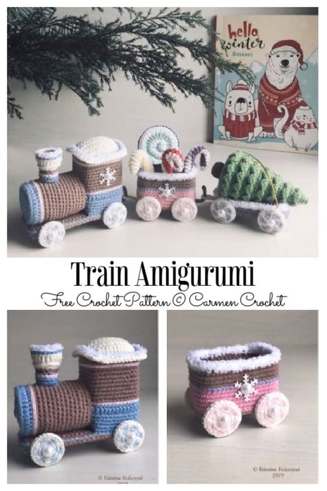 Crochet Christmas Train Amigurumi Patterns - DIY Magazine Crochet Gingerbread Train, Amigurumi Free Pattern Christmas, Christmas Amigurumi Free Pattern, Christmas Crochet Pattern, Crochet Xmas, Crochet Wall Hangings, Crochet Christmas Decorations, Christmas Train, Crochet Christmas Ornaments