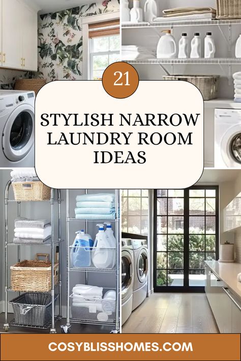 21 innovative ideas to transform your narrow laundry space! From stunning wallpaper designs that add personality, to floating shelves that smartly organize essentials, your laundry room can become both functional and chic. Discover clever solutions like rolling carts for easy access and maximizing natural light to brighten up the area. These practical tips allow you to make the best use of your space while turning laundry duty into a pleasant experience. Check out these ideas to revamp your small laundry room today! Long Narrow Laundry Room Makeover, Laundry Room Styling Ideas, Organization Ideas For Small Laundry Room, Narrow Laundry Room Makeover, Laundry Room Necessities, Tiny Laundry Room Design, Storage For Small Laundry Room, Ideas For Utility Room, Small Laundry Bathroom Combo