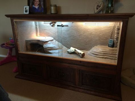 Custom Bearded Dragon Enclosure From a Dresser                                                                                                                                                                                 More Diy Bearded Dragon Cage, Diy Bearded Dragon Enclosure, Bearded Dragon Terrarium Ideas, Diy Reptile, Bearded Dragon Diy, Bearded Dragon Enclosure, Bearded Dragon Terrarium, Bearded Dragon Funny, Bearded Dragon Cage