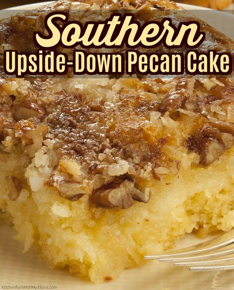 Y’all, this Southern Upside-Down Pecan Cake is absolutely delicious! It is decadent enough to make it ideal for any holiday. This homemade cake is very easy to make and always comes out moist and perfect. Upside Down Pecan Cake, Pecan Pie Cake Recipe, Pecan Pie Cake, Southern Recipes Desserts, Pecan Desserts, Thanksgiving Food Desserts, Pecan Cake, Pecan Recipes, Cake Making