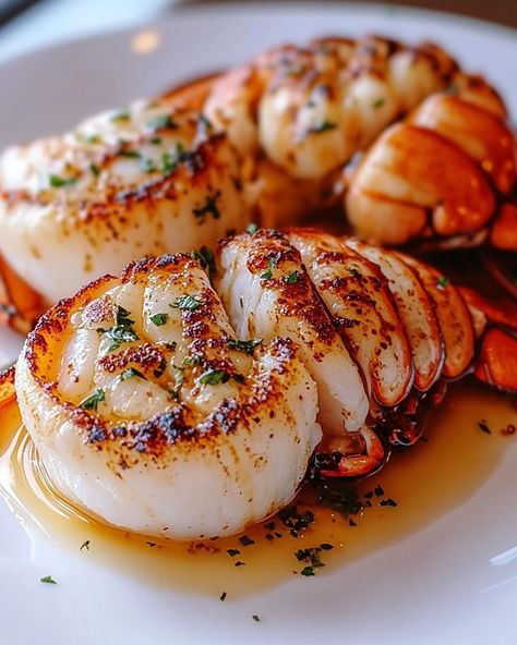 "🦞 Garlic Butter Lobster and Scallops 🧄🦪 Savor the Sea's Bounty with Every Bite! Perfect for a special evening, this dish brings the ocean's freshness right to your dining table, combining the rich, buttery flavors of lobster and scallops with a hint of garlic. 🍽️ Ingredients 🍽️ - For the Scallops: - 1/2 lb sea scallops, patted dry - 1 tbsp olive oil - 2 tbsp unsalted butter - 2 cloves garlic, minced - Salt and pepper to taste - Fresh parsley for garnish - For the Lobster: - 2 lobst... Garlic Butter Lobster, Butter Lobster, Lamb Sauce, Prawn Dishes, Sea Scallops, Cooking Seafood, Cooking On The Grill, Best Appetizers, Fish Dishes