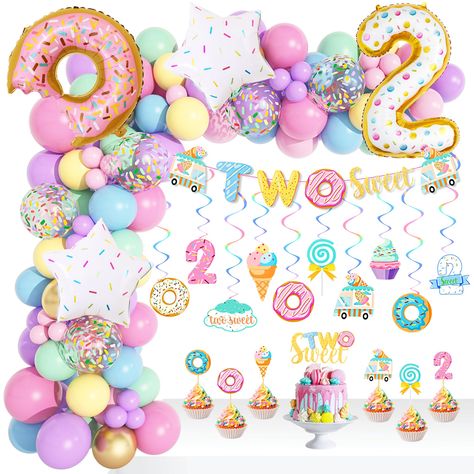 PRICES MAY VARY. 145PCS Two Sweet Birthday Party Supplies - 12" pastel purple/pink/confetti balloons(15pcs), 10'' pastel purple/pastel green/pastel blue/pastel pink/pastel yellow/pink/metallic gold balloons(65pcs), 5'' pastel pink/pastel purple balloons(40pcs), 1pcs 24'' donut foil balloon, 2pcs 18'' star foil balloon, 1pcs 32'' number 2 foil balloon, 1pcs two sweet banner, 10pcs donut hanging swirls, 7pcs cake toppers, 1pcs 100 glue points, 1pcs balloon arch strip, 1pcs tying tool and 1pcs ribb Twist Balloons, Candyland Party Decorations, Donut Party Decorations, Long Twist, Ice Cream Party Decorations, Lollipop Party, Donut Birthday Parties, Ice Cream Birthday Party, Birthday Decorations Kids