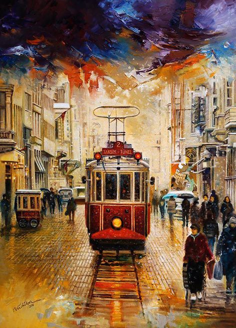 Historical Taksim Istanbul Tramvay Landscape Oil Painting, Handmade Large Painting #oilpainting #taksim #istanbul #turkey #impressionist #handmade #original #canvas Turkey Paintings, Istanbul Painting, Watercolor Impressionism, Taksim Istanbul, Istanbul Art, Taksim Square, Turkey Painting, Istanbul Turkey Photography, Calligraphy Artist