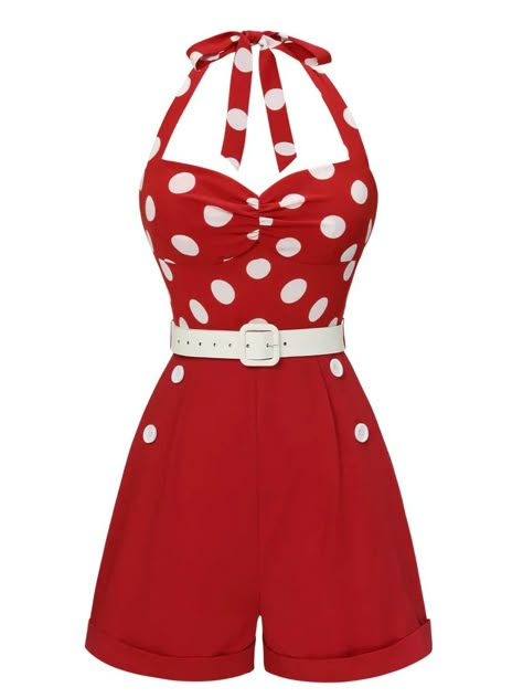 RED 1950S POLKA DOTS PATCHWORK HALTER ROMPER Pinup Costume Halloween, 1940-1950 Fashion, Pin Up Outfits Vintage, 1940s Romper, 1950s Romper, 1950s Outfit Ideas, 50s Rockabilly Fashion, 1950 Outfits, Pinup Costume