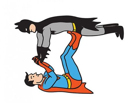 Batman & Robin: Yoga has been known to turn average men / women into superheroes .... #yogafun #yogahumour #yogalaughter #yogafunny #yoga #om #yogacartoon Yoga Cartoon, Partner Yoga Poses, Yoga Om, Couples Yoga, Partner Yoga, Acro Yoga, Bestest Friend, Batman Robin, Vinyasa Yoga