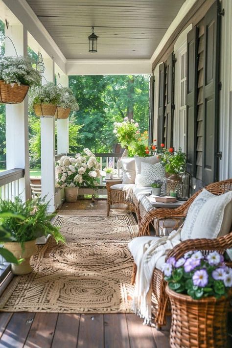 Front Porch French Country, Nancy Meyers Front Porch, Front Patio Seating Ideas, Cottagecore Front Porch, Cottage Core Front Porch, Coffee On Porch, Cottage Style Front Porch, Big Front Porch Ideas, Long Porch Decorating Ideas