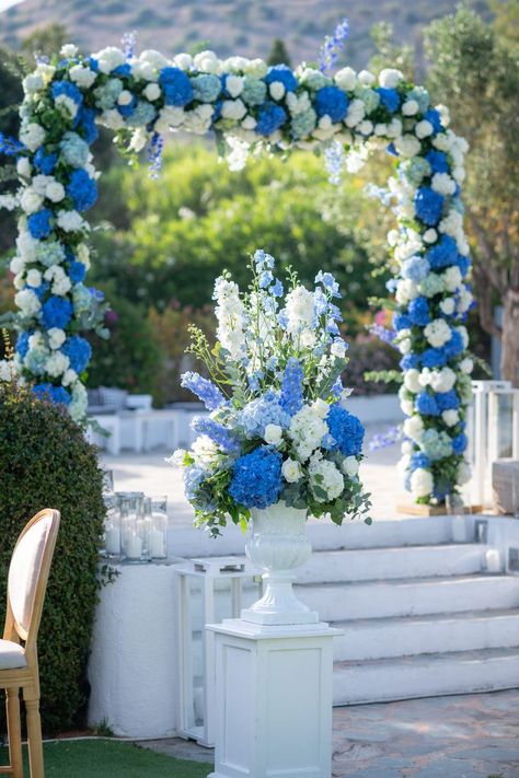 wedding decoration with white and blue flowers Athens Riviera, Light Blue Wedding, White And Blue Flowers, Blue Magic, Island Art, Wedding Celebration, Something Blue, Blue Wedding, Wedding Decoration