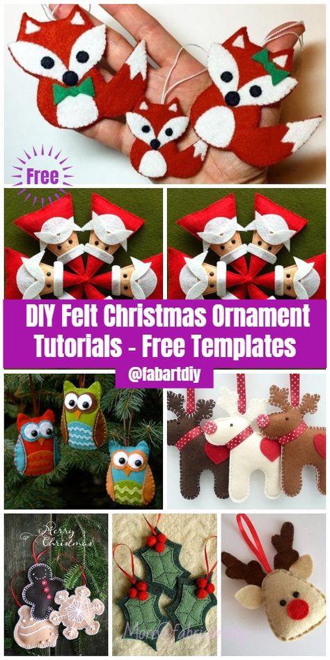 DIY Felt Christmas Ornament Tutorials - Free Templates Diy Felt Christmas, Diy Felt Christmas Ornaments, Felt Ornaments Patterns, Christmas Sewing Projects, Felt Crafts Christmas, Christmas Felt, Felt Christmas Decorations, Crafts And Diy, Felt Christmas Tree