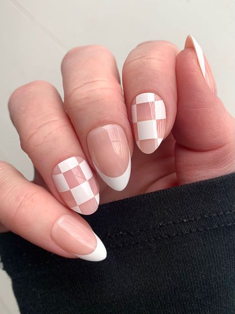 French tip and checkered press-on nails. Gel Nail Checkered, Checkered And French Tip Nails, French Tip And Checkered Nails, How To Paint Checkered Nails, Checker Nail Art, White Checkerboard Nails, Checked Nails Designs, Nail Ideas Checkered, Checkered Gel Nails